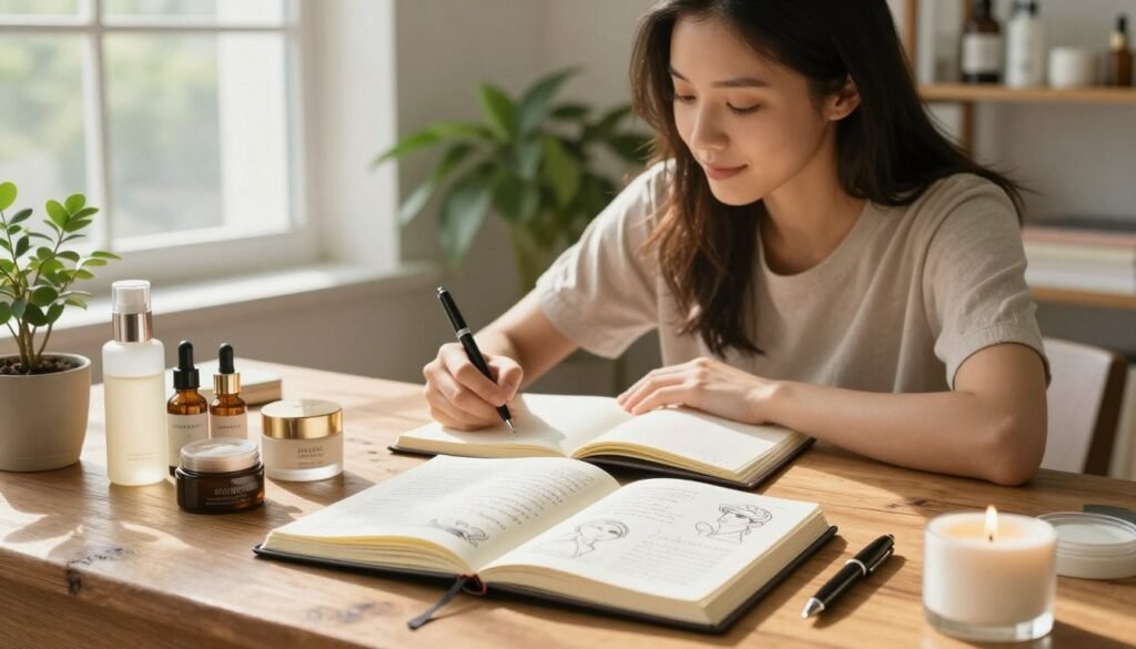 A serene workspace that embodies skin-focused journaling techniques. In the foreground, a neatly arranged journal open to a page filled with handwritten notes and beauty sketches, surrounded by luxurious skincare products like serums and moisturizers arranged aesthetically. A stylish pen lies beside the journal. The middle layer features a young woman in modest, casual attire, thoughtfully writing in her journal, her radiant skin glowing softly in ambient natural light. She sits at a rustic wooden desk near a large window, allowing soft, diffused sunlight to illuminate her workspace. The background includes lush green plants and an organized shelf with books on skincare and wellness, creating a calming and inspiring atmosphere. The overall mood is peaceful, reflective, and inviting, ideal for a journaling session focused on self-care and emotional balance.