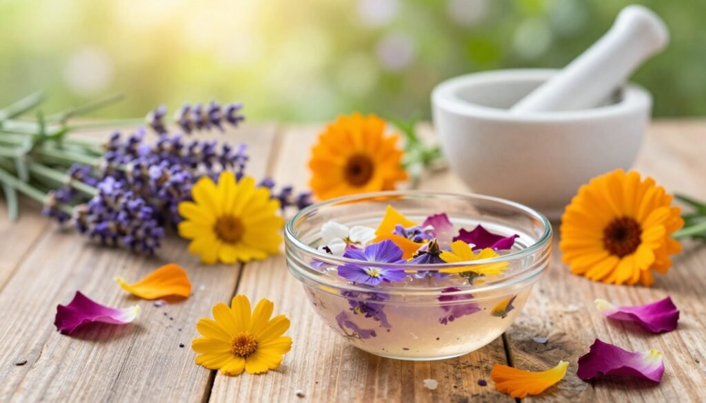 A vibrant, aesthetically pleasing arrangement of various edible flowers, such as lavender, calendula, and rose petals, beautifully displayed on a rustic wooden table. In the foreground, a clear glass bowl filled with a fresh flower-infused skincare mixture glistens under soft, natural lighting, emphasizing its texture. In the background, out-of-focus greenery and gentle sunlight create a warm, inviting atmosphere, ideal for DIY beauty. A delicate mortar and pestle, hinting at traditional beauty recipes, are partially visible in the middle ground. The composition should convey a sense of tranquility and rejuvenation, with a focus on the natural beauty and wellness aspects of using flowers in skincare.