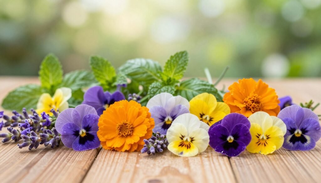 A vibrant and colorful spread of various edible flowers, artistically arranged on a natural wooden surface, showcasing their beauty and potential for skincare. In the foreground, focus on delicate blossoms like marigolds, lavender, and pansies with dew glistening on their petals, emphasizing freshness. In the middle ground, include sprigs of herbs like mint and basil, subtly intertwining with the flowers, to suggest botanical richness. The background features soft, blurred greenery, evoking a serene garden atmosphere. Use natural daylight filtering through soft clouds for gentle, diffused lighting, creating a warm, inviting glow. The composition should convey a mood of luxury and wellness, highlighting the transformative beauty benefits of these vibrant blooms.
