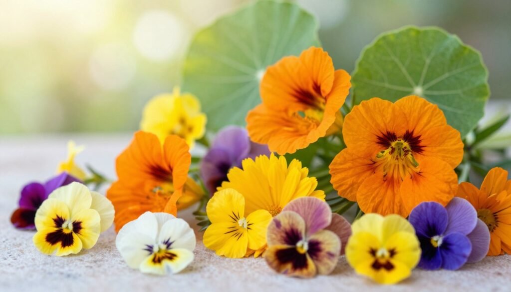 A vibrant arrangement of edible flowers, including nasturtiums, calendula, and pansies, showcasing their bright colors and unique shapes. In the foreground, delicate blooms are artfully arranged on a soft, textured surface, emphasizing their natural beauty. The middle ground features a gentle blur of foliage and additional flowers, adding depth without distracting from the main subjects. In the background, soft, diffused natural light filters through leaves, creating an ethereal glow that enhances the flowers' vibrant hues and suggests a serene outdoor atmosphere. The composition should evoke a sense of freshness and vitality, perfectly embodying the concept of beauty and skin radiance, captured from a slightly elevated angle to encompass the floral display harmoniously.