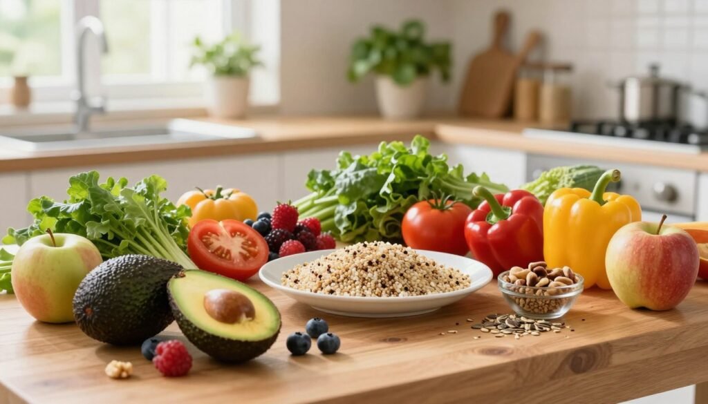 A vibrant, health-focused kitchen scene showcasing a colorful array of heart-healthy foods. In the foreground, a wooden table is laden with fresh fruits like avocados, berries, and apples, alongside a selection of vegetables including leafy greens, tomatoes, and bell peppers. In the middle ground, a plate of whole grains, such as quinoa and brown rice, sits next to a small bowl of nuts and seeds. The background features a softly lit kitchen with potted herbs and a window allowing natural sunlight to flood in, creating a warm and inviting atmosphere. The scene conveys a sense of vitality and well-being, encouraging a lifestyle of heart-healthy nutrition. The lighting is bright and cheerful, emphasizing the freshness of the ingredients, captured from a slightly elevated angle.