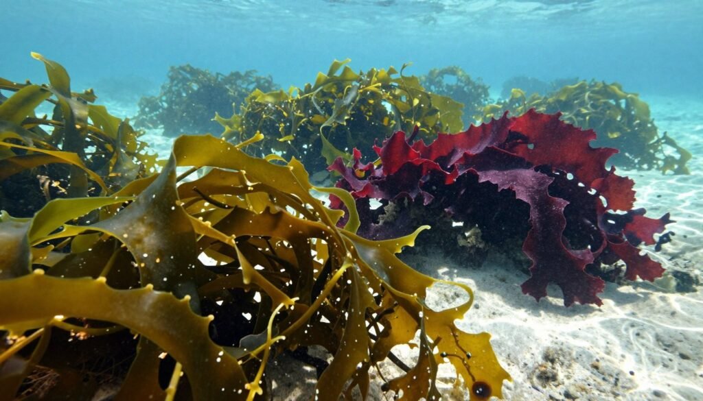 A vibrant underwater scene showcasing various types of seaweed with a focus on their unique textures and colors. In the foreground, lush green kelp with flowing tendrils intertwined with golden-brown dulse, and vibrant red nori, all gracefully swaying with the gentle currents. The middle ground features darker seaweed species, like the deep purple kombu, casting dramatic shadows on the sandy ocean floor. The background should include soft sunlight filtering through the water, creating a serene and peaceful atmosphere. Use a wide-angle perspective to capture the depth and richness of the ocean environment, with bright, colorful hues dominating the scene, evoking a sense of tranquility and natural beauty.