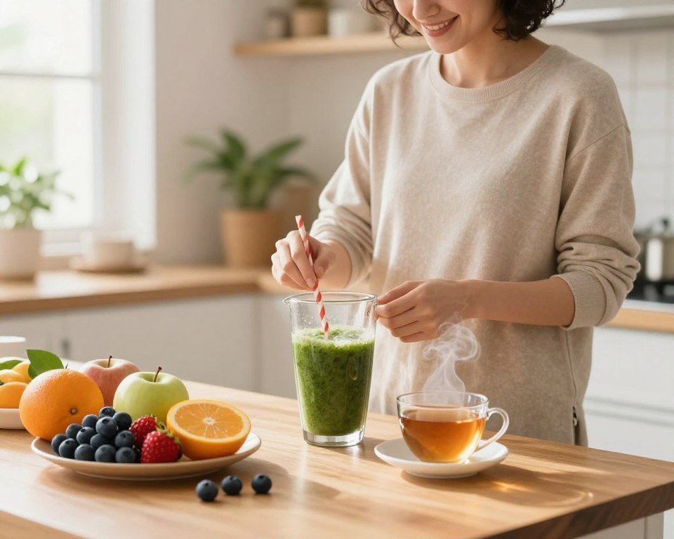 A balanced composition featuring a serene kitchen setting that promotes healthy habits for managing sugar cravings. In the foreground, a wooden dining table displays a colorful assortment of fresh fruits like berries, apples, and citrus, next to a steaming cup of herbal tea. The middle ground showcases a friendly person in casual attire, thoughtfully preparing a nourishing smoothie, exuding a sense of calm and focus. The background includes soft pastel hues, with plants and sunlight streaming through a window, creating a warm, inviting atmosphere. The overall lighting is bright yet soft, emphasizing a sense of tranquility and well-being, suitable for conveying a healthy lifestyle.
