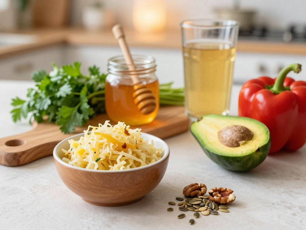 A beautifully arranged flat lay of gut-healing foods for a healthy lifestyle. In the foreground, fresh ingredients like a bowl of vibrant fermented sauerkraut, creamy avocado slices, colorful bell peppers, and a handful of nuts and seeds scattered artistically. In the middle, a wooden cutting board displays a jar of honey, a glass of kombucha, and lush herbs like parsley and cilantro, enhancing the visual appeal. In the background, a soft, blurred kitchen setting with warm, inviting lighting creates a cozy atmosphere. The scene is captured from a slightly elevated angle, highlighting the textures and colors of the foods, inviting viewers to feel inspired and motivated to nourish their gut. A beautifully arranged flat lay of gut-healing foods for a healthy lifestyle. In the foreground, fresh ingredients like a bowl of vibrant fermented sauerkraut, creamy avocado slices, colorful bell peppers, and a handful of nuts and seeds scattered artistically. In the middle, a wooden cutting board displays a jar of honey, a glass of kombucha, and lush herbs like parsley and cilantro, enhancing the visual appeal. In the background, a soft, blurred kitchen setting with warm, inviting lighting creates a cozy atmosphere. The scene is captured from a slightly elevated angle, highlighting the textures and colors of the foods, inviting viewers to feel inspired and motivated to nourish their gut.