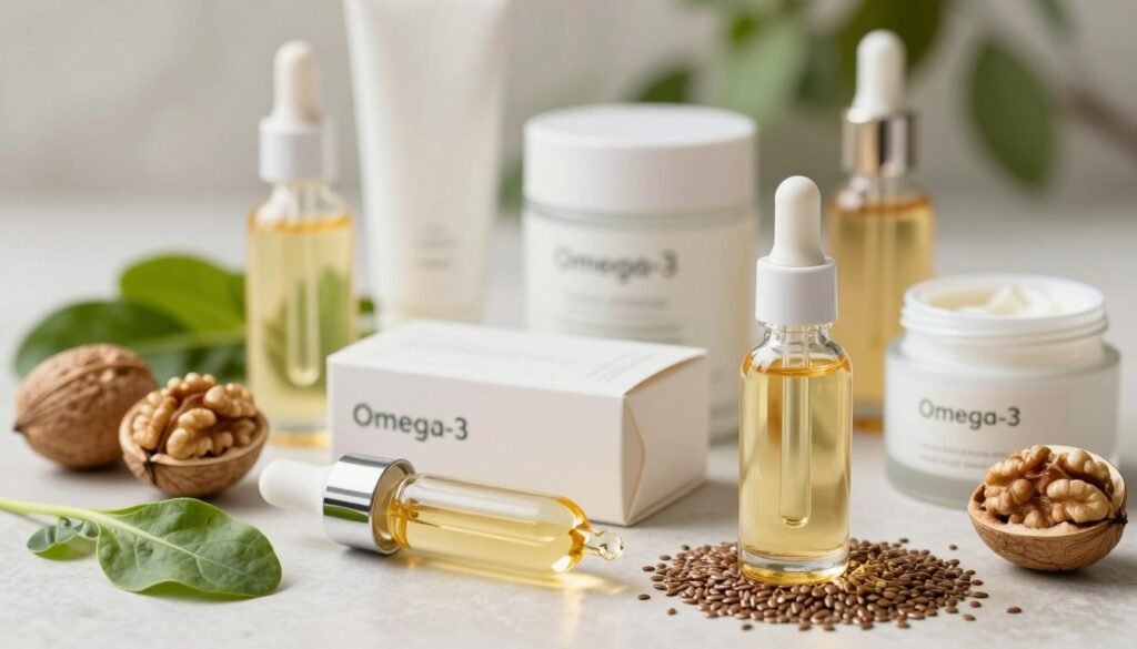 A beautifully arranged skincare flat lay featuring various skincare products infused with omega-3, like serums and creams, artistically placed among fresh ingredients such as walnuts, flaxseeds, and leafy greens, symbolizing natural sources of omega-3. In the foreground, a clear glass dropper bottle reflects soft natural light, showcasing the golden hue of the omega-3 oil inside. The middle layer includes elegant packaging with minimalist design, highlighting the words "Omega-3" in a modern font. In the background, a soft-focus aesthetic with gentle greenery creates a serene, tranquil atmosphere, enhancing the idea of nature's healing power. The overall mood is fresh and revitalizing, emphasizing radiance and elasticity, captured with soft, diffused lighting about 45 degrees to create a warm and inviting scene.