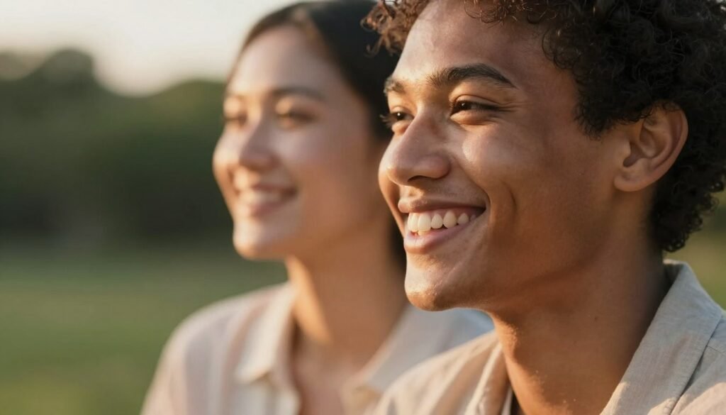 A close-up of a smiling person with glowing skin showcasing the benefits of smiling for skin health, highlighting the natural radiance and collagen boost. In the foreground, a diverse individual dressed in modest casual clothing, exuding warmth and positivity, their smile radiating joy. The middle layer features a softly illuminated face, with gentle highlights accentuating the healthy skin texture and vibrant complexion. The background includes a serene nature scene with soft bokeh effects that evoke a calming atmosphere, emphasizing stress reduction. The lighting is soft and natural, reminiscent of golden hour, creating an inviting and uplifting mood that reflects wellness and tranquility. The angle is slightly tilted for a dynamic perspective, focusing on the subject's engaging smile and healthy glow.