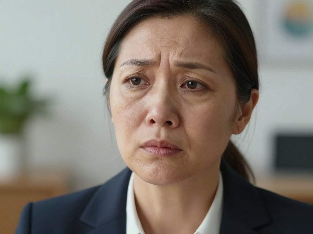 A close-up portrait of a middle-aged woman with visible effects of elevated cortisol levels on her face, capturing features like a slightly puffy appearance around the cheeks and eyes, and noticeable dark circles. She is wearing professional business attire, with soft, natural makeup that emphasizes her expression of concern yet resilience. The lighting is soft and diffuse, creating a gentle and calming atmosphere, highlighting the subtle imperfections associated with stress. The background is a serene, blurred office setting that suggests a focus on well-being, with houseplants or motivational artwork softly hinting at wellness. The perspective is slightly angled from above, evoking a sense of empathy and understanding of her condition while maintaining a professional and respectful tone. A close-up portrait of a middle-aged woman with visible effects of elevated cortisol levels on her face, capturing features like a slightly puffy appearance around the cheeks and eyes, and noticeable dark circles. She is wearing professional business attire, with soft, natural makeup that emphasizes her expression of concern yet resilience. The lighting is soft and diffuse, creating a gentle and calming atmosphere, highlighting the subtle imperfections associated with stress. The background is a serene, blurred office setting that suggests a focus on well-being, with houseplants or motivational artwork softly hinting at wellness. The perspective is slightly angled from above, evoking a sense of empathy and understanding of her condition while maintaining a professional and respectful tone.