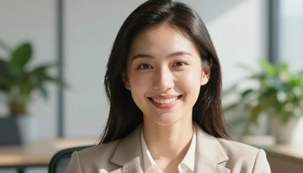 A close-up portrait of a professional woman with a glowing complexion, seated in a sunlit office surrounded by soft greenery. Her face radiates health and happiness, highlighted by a subtle smile that suggests confidence and warmth. The lighting is bright and soft, enhancing her natural radiance and creating gentle shadows that accentuate her cheekbones and luminous skin. She wears smart, casual business attire that complements her glowing appearance. In the background, blurred hints of indoor plants and natural light streaming through large windows create a serene and uplifting atmosphere. The image conveys a sense of vitality and well-being, emphasizing the connection between smiling and improved skin health.