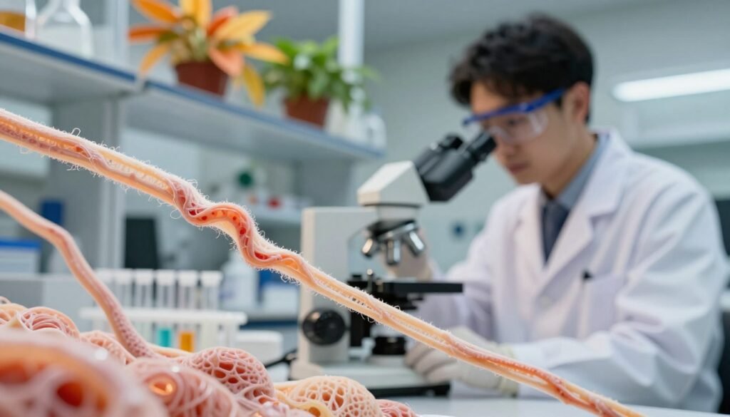 A close-up view of collagen fibers being produced in a serene laboratory setting. In the foreground, intricate collagen strands are depicted under a microscope, showcasing their delicate, fibrous structure. In the middle ground, a scientist in professional attire is examining the samples, wearing a lab coat, gloves, and safety goggles to emphasize a sense of precision and research. The background reveals shelves filled with biochemistry tools and vibrant, healthy plant life, suggesting a connection to natural beauty and vitality. Soft, warm lighting highlights the scene, creating a calm and inviting atmosphere. The angle is slightly tilted to capture both the scientist’s focused expression and the microscopic details, symbolizing the vital role of collagen in youthful skin.