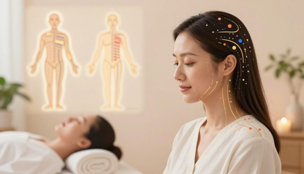 A detailed illustration of scalp acupressure points for health, showcasing a human head from a side view. The scalp is highlighted with colored dots indicating various acupressure points, each labeled subtly with numbers to represent their significance. The foreground features a serene individual, dressed in professional attire, with a relaxed expression, sitting in a tranquil spa setting. The middle ground includes softly glowing diagrams of meridian lines that harmoniously flow from the scalp to the shoulders, symbolizing energy pathways. The background is filled with calming pastel colors and gentle plant elements, creating a soothing atmosphere. Soft, diffuse lighting casts a warm glow, enhancing the health-focused theme of the image. The overall scene exudes tranquility and wellness, emphasizing the benefits of scalp acupressure for radiant hair and skin.