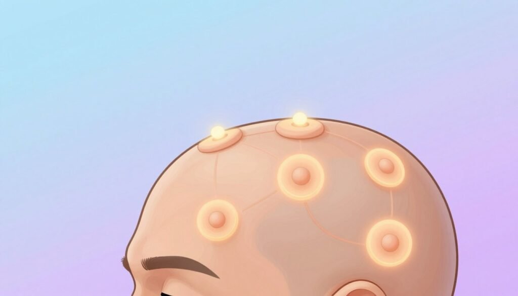 A detailed illustration of scalp acupressure points, showcasing a close-up view of a human head positioned in a relaxed manner. The foreground features an accurate anatomical representation of the scalp with key acupressure points highlighted, illustrated with gentle glowing circles to denote their importance. The middle background includes soft, calming colors, perhaps gradients of light blue and lavender, conveying a serene atmosphere. The lighting is soft and diffuse, creating an inviting and peaceful mood, reminiscent of a spa-like environment. The image composition utilizes a slightly elevated angle to emphasize the top and sides of the head. There are no people or distractions, ensuring the focus remains solely on the scalp and the acupressure points, perfect for a wellness article.