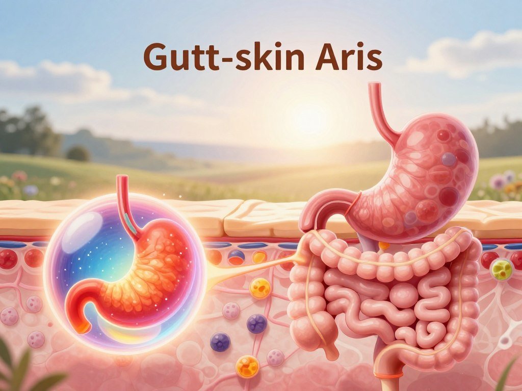 A detailed illustration of the gut-skin axis concept, highlighting the connection between digestive health and skin radiance. In the foreground, a vibrant human stomach depicted as a glowing orb, pulsating with color to signify vitality. In the middle, anatomical elements linking the digestive system, like intestines, transitioning into radiant skin pathways adorned with healthy skin cells. The background features a serene landscape with soft, diffused lighting, creating a calm atmosphere. A gentle, sunlight-like glow emphasizes the connection, enhancing the idea of harmony between the gut and skin. The scene should evoke a sense of wellness and balance, encouraging viewers to appreciate the gut's role in achieving glowing skin. The composition should be done with a wide-angle lens, focusing on maintaining clarity while presenting a holistic view. A detailed illustration of the gut-skin axis concept, highlighting the connection between digestive health and skin radiance. In the foreground, a vibrant human stomach depicted as a glowing orb, pulsating with color to signify vitality. In the middle, anatomical elements linking the digestive system, like intestines, transitioning into radiant skin pathways adorned with healthy skin cells. The background features a serene landscape with soft, diffused lighting, creating a calm atmosphere. A gentle, sunlight-like glow emphasizes the connection, enhancing the idea of harmony between the gut and skin. The scene should evoke a sense of wellness and balance, encouraging viewers to appreciate the gut's role in achieving glowing skin. The composition should be done with a wide-angle lens, focusing on maintaining clarity while presenting a holistic view.