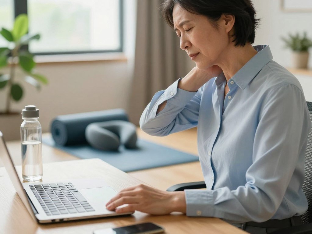 A focused scene in a serene home office environment, featuring a middle-aged person in professional attire experiencing neck pain while seated at a desk. The foreground shows the individual gently rubbing their neck with one hand while the other hand is placed on the desk beside a laptop and a water bottle. In the middle ground, a yoga mat is rolled out with a few simple props like a foam roller and a neck pillow, hinting at gentle relief techniques. The background includes soft, natural light coming from a window with green plants adding a calming touch. The atmosphere evokes a sense of tranquility and a reminder to avoid common mistakes that exacerbate neck pain. The image is well-composed with a soft focus on the subject, capturing the moment of seeking relief from tension. A focused scene in a serene home office environment, featuring a middle-aged person in professional attire experiencing neck pain while seated at a desk. The foreground shows the individual gently rubbing their neck with one hand while the other hand is placed on the desk beside a laptop and a water bottle. In the middle ground, a yoga mat is rolled out with a few simple props like a foam roller and a neck pillow, hinting at gentle relief techniques. The background includes soft, natural light coming from a window with green plants adding a calming touch. The atmosphere evokes a sense of tranquility and a reminder to avoid common mistakes that exacerbate neck pain. The image is well-composed with a soft focus on the subject, capturing the moment of seeking relief from tension.