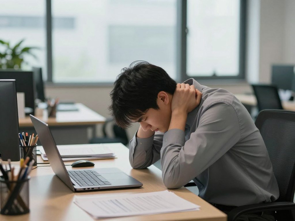 A professional office setting with a focus on desk job posture. In the foreground, a person in business attire, seated at a modern desk, hunched over a laptop, displaying signs of neck and shoulder tension. Their posture exhibits rounded shoulders and a forward head position. To the left, a cluttered desk with office supplies and paperwork, indicating a busy work environment. In the background, soft ambient lighting enhances the realism, while a large window lets in natural light, casting gentle shadows. The mood is one of slight discomfort and stress, capturing the essence of common work-related tension. The perspective is eye-level, providing an intimate view of the subject’s posture and workspace. A professional office setting with a focus on desk job posture. In the foreground, a person in business attire, seated at a modern desk, hunched over a laptop, displaying signs of neck and shoulder tension. Their posture exhibits rounded shoulders and a forward head position. To the left, a cluttered desk with office supplies and paperwork, indicating a busy work environment. In the background, soft ambient lighting enhances the realism, while a large window lets in natural light, casting gentle shadows. The mood is one of slight discomfort and stress, capturing the essence of common work-related tension. The perspective is eye-level, providing an intimate view of the subject’s posture and workspace.