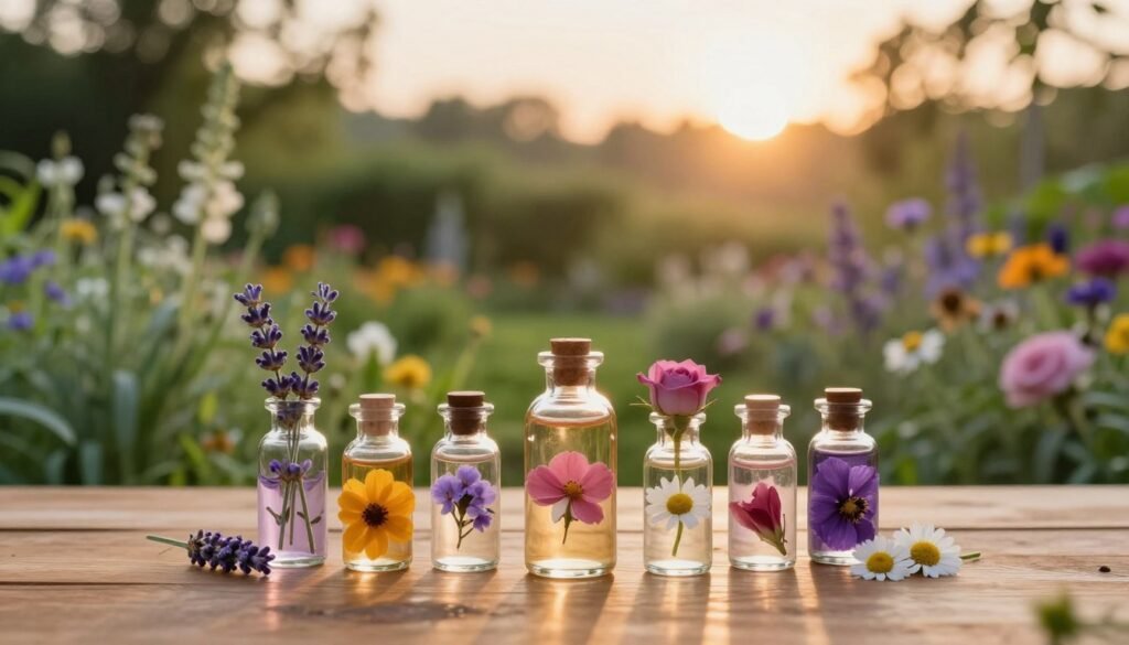 A serene and calming composition featuring an array of colorful flower essences, elegantly displayed in glass bottles on a wooden table in the foreground. Each bottle is distinct, showcasing the vibrant hues of various flowers like lavender, rose, and chamomile, reflecting their properties for emotional balance. In the middle ground, a softly lit herbal garden brimming with lush greenery and blooming flowers creates a harmonious backdrop, inviting viewers to feel tranquility. The background should feature a gentle sunrise, casting warm golden light across the scene, enhancing the peaceful atmosphere. Capture the scene with a shallow depth of field to focus on the flower essences while maintaining a soft blur of the garden behind. The overall mood should exude calmness, harmony, and the essence of emotional wellbeing.