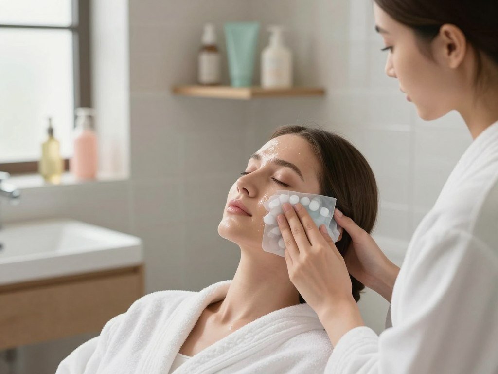 A serene and calming scene focusing on cold therapy for facial rejuvenation. In the foreground, a young woman in a white, modest spa robe gently applying an ice pack to her face, showcasing a look of relaxation. Her skin appears fresh and glowing, emphasizing the soothing effects of cold therapy on a stressed face. The middle layer features an elegant bathroom setting with soft, diffused lighting, reflecting an ambiance of tranquility. In the background, minimalistic shelves display anti-inflammatory skincare products in soft, pastel colors. The overall mood conveys calmness and relief from stress, highlighted by soft lighting from a nearby window, casting a gentle glow that enhances the peaceful environment. A serene and calming scene focusing on cold therapy for facial rejuvenation. In the foreground, a young woman in a white, modest spa robe gently applying an ice pack to her face, showcasing a look of relaxation. Her skin appears fresh and glowing, emphasizing the soothing effects of cold therapy on a stressed face. The middle layer features an elegant bathroom setting with soft, diffused lighting, reflecting an ambiance of tranquility. In the background, minimalistic shelves display anti-inflammatory skincare products in soft, pastel colors. The overall mood conveys calmness and relief from stress, highlighted by soft lighting from a nearby window, casting a gentle glow that enhances the peaceful environment.