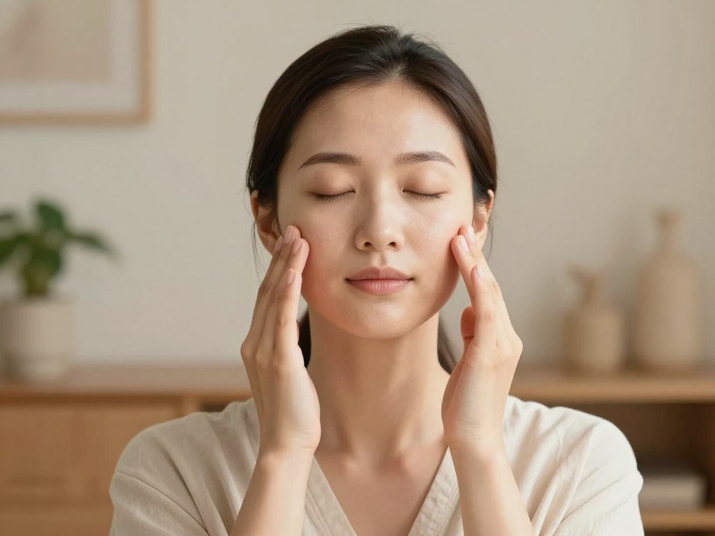 A serene and calming scene showcasing a female model in modest casual clothing, demonstrating facial massage techniques focused on lymphatic drainage. The model sits comfortably in a softly lit room, her face illuminated by warm, diffused light. She has a gentle expression, eyes closed in relaxation, as she performs circular motions with her fingertips on her cheeks and forehead. In the foreground, details of her hands gliding smoothly over her skin are highlighted. The middle ground features a hint of natural elements, like a few potted plants and a peaceful, softly blurred backdrop. The atmosphere conveys tranquility and self-care, emphasizing the soothing effects of stress relief and self-massage techniques on the face, specifically targeting cortisol-induced changes. A serene and calming scene showcasing a female model in modest casual clothing, demonstrating facial massage techniques focused on lymphatic drainage. The model sits comfortably in a softly lit room, her face illuminated by warm, diffused light. She has a gentle expression, eyes closed in relaxation, as she performs circular motions with her fingertips on her cheeks and forehead. In the foreground, details of her hands gliding smoothly over her skin are highlighted. The middle ground features a hint of natural elements, like a few potted plants and a peaceful, softly blurred backdrop. The atmosphere conveys tranquility and self-care, emphasizing the soothing effects of stress relief and self-massage techniques on the face, specifically targeting cortisol-induced changes.