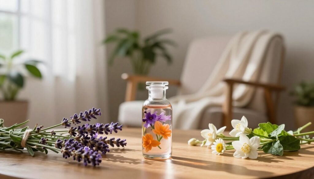 A serene and calming scene that embodies the essence of flower essence therapy. In the foreground, a delicate crystal bottle filled with vibrant flower extracts sits atop a smooth wooden table, surrounded by fresh, colorful blossoms such as lavender, chamomile, and jasmine. In the middle ground, a softly lit room features an inviting, cozy armchair draped with a light fabric, evoking relaxation. Light filters in through a window adorned with sheer curtains, casting gentle shadows and creating a tranquil ambiance. The background showcases a few potted plants and soft, pastel-colored walls to enhance the soothing atmosphere. The mood is peaceful and harmonious, capturing the therapeutic benefits of flower essence for radiant skin and a calm mind. Use natural lighting to reflect wellness and tranquility.
