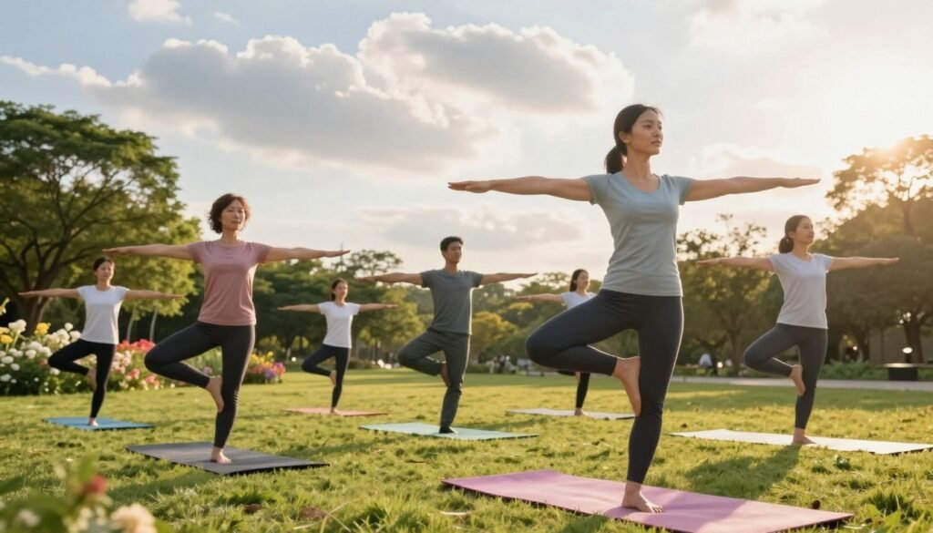 A serene and energizing scene depicting a diverse group of professionals engaging in a mindful outdoor activity, such as yoga or tai chi, in a sunlit park. In the foreground, a woman in professional athletic wear balances gracefully, exuding focus and vitality. In the middle ground, a man in a comfortable yet professional outfit practices deep breathing, surrounded by lush greenery and blooming flowers. The background features soft, billowing clouds and the warm glow of a late afternoon sun, casting gentle shadows. The atmosphere is uplifting and harmonious, conveying a sense of renewal and energy. The image should feel bright and inviting, with balanced lighting that highlights the rejuvenating environment, captured from a slightly elevated angle for a dynamic perspective. A serene and energizing scene depicting a diverse group of professionals engaging in a mindful outdoor activity, such as yoga or tai chi, in a sunlit park. In the foreground, a woman in professional athletic wear balances gracefully, exuding focus and vitality. In the middle ground, a man in a comfortable yet professional outfit practices deep breathing, surrounded by lush greenery and blooming flowers. The background features soft, billowing clouds and the warm glow of a late afternoon sun, casting gentle shadows. The atmosphere is uplifting and harmonious, conveying a sense of renewal and energy. The image should feel bright and inviting, with balanced lighting that highlights the rejuvenating environment, captured from a slightly elevated angle for a dynamic perspective.