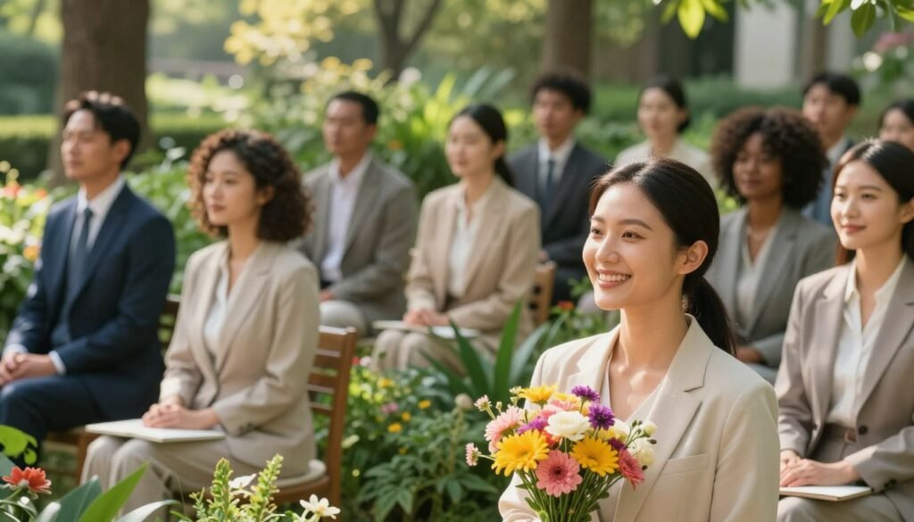 A serene and harmonious scene depicting holistic beauty, featuring a diverse group of individuals of various ethnic backgrounds, all dressed in professional business attire, engaging in a peaceful outdoor setting. In the foreground, a woman with natural glowing skin and a warm smile holds a bunch of vibrant flowers, symbolizing natural beauty. The middle ground showcases lush greenery and blooming plants, representing the connection between beauty and nature. In the background, soft sunlight filters through trees, casting gentle dappled shadows, creating an inviting atmosphere. The scene is captured from a slightly elevated angle, emphasizing unity and diversity, with a soft-focus lens to enhance the tranquil mood and convey the idea of beauty as a biological essence that transcends superficiality. A serene and harmonious scene depicting holistic beauty, featuring a diverse group of individuals of various ethnic backgrounds, all dressed in professional business attire, engaging in a peaceful outdoor setting. In the foreground, a woman with natural glowing skin and a warm smile holds a bunch of vibrant flowers, symbolizing natural beauty. The middle ground showcases lush greenery and blooming plants, representing the connection between beauty and nature. In the background, soft sunlight filters through trees, casting gentle dappled shadows, creating an inviting atmosphere. The scene is captured from a slightly elevated angle, emphasizing unity and diversity, with a soft-focus lens to enhance the tranquil mood and convey the idea of beauty as a biological essence that transcends superficiality.