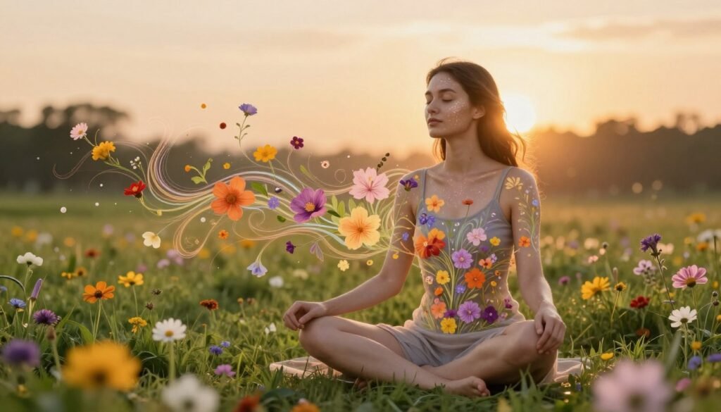 A serene and harmonious scene illustrating the concept of "mind-skin connection." In the foreground, a young woman with a calm expression sits cross-legged on a soft, verdant meadow, surrounded by colorful flowers. Her skin glows with radiance, symbolizing the effects of flower essence therapy on both skin and mind. In the middle ground, vibrant floral patterns intertwine with gentle, flowing lines that represent thoughts and emotions, merging seamlessly with the woman's silhouette. In the background, a softly glowing sunrise casts warm, golden light, creating a tranquil atmosphere. The depth of field focuses on the woman, with a slight bokeh effect of flowers surrounding her. The mood is peaceful and uplifting, conveying a sense of inner tranquility and beauty.