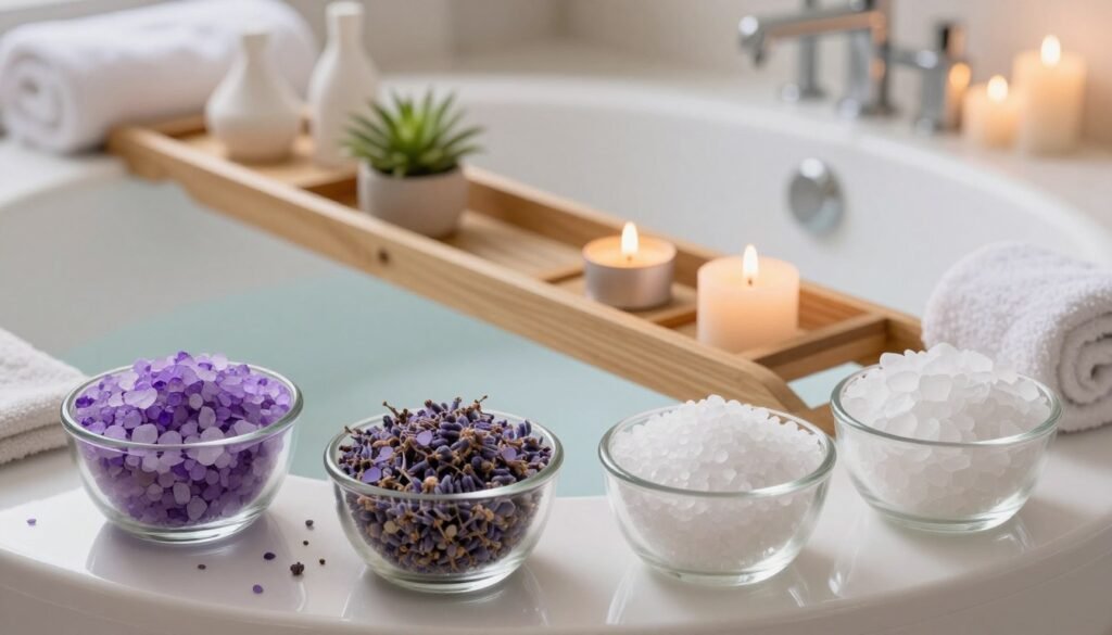 A serene and inviting bathroom setting featuring various types of magnesium salts artfully arranged. In the foreground, display lavender Epsom salts, magnesium flakes, and magnesium chloride crystals, each in elegant glass containers. In the middle, have a lovely wooden bath tray adorned with a small plant and a lit candle, creating a soothing atmosphere. In the background, show a stylish bathtub filled with warm water, surrounded by soft, fluffy towels and delicate, calming decor. The lighting is soft and warm, creating a tranquil ambiance that emphasizes relaxation. The angle should capture the entire scene from a slightly elevated perspective, evoking a sense of peaceful retreat and self-care. The overall mood is calming and rejuvenating, perfect for a magnesium bath ritual. A serene and inviting bathroom setting featuring various types of magnesium salts artfully arranged. In the foreground, display lavender Epsom salts, magnesium flakes, and magnesium chloride crystals, each in elegant glass containers. In the middle, have a lovely wooden bath tray adorned with a small plant and a lit candle, creating a soothing atmosphere. In the background, show a stylish bathtub filled with warm water, surrounded by soft, fluffy towels and delicate, calming decor. The lighting is soft and warm, creating a tranquil ambiance that emphasizes relaxation. The angle should capture the entire scene from a slightly elevated perspective, evoking a sense of peaceful retreat and self-care. The overall mood is calming and rejuvenating, perfect for a magnesium bath ritual.
