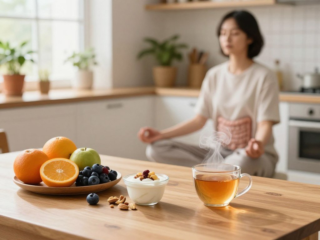 A serene and inviting kitchen scene showcasing the connection between gut health and sleep. In the foreground, a wooden dining table is adorned with vibrant, fresh fruits like berries and citrus, along with gut-friendly snacks such as yogurt and nuts. A steaming cup of herbal tea sits nearby, emitting gentle wisps of steam. In the middle ground, a person in comfortable, modest casual clothing practices mindfulness while meditating, eyes closed, creating a calm atmosphere. The background features soft, natural lighting filtering through a window, enhancing the warm, cozy vibe of the space. Include a few potted plants for a touch of nature, symbolizing health and vitality. The overall mood is peaceful and balanced, emphasizing the harmonious relationship between gut health and restful sleep. A serene and inviting kitchen scene showcasing the connection between gut health and sleep. In the foreground, a wooden dining table is adorned with vibrant, fresh fruits like berries and citrus, along with gut-friendly snacks such as yogurt and nuts. A steaming cup of herbal tea sits nearby, emitting gentle wisps of steam. In the middle ground, a person in comfortable, modest casual clothing practices mindfulness while meditating, eyes closed, creating a calm atmosphere. The background features soft, natural lighting filtering through a window, enhancing the warm, cozy vibe of the space. Include a few potted plants for a touch of nature, symbolizing health and vitality. The overall mood is peaceful and balanced, emphasizing the harmonious relationship between gut health and restful sleep.