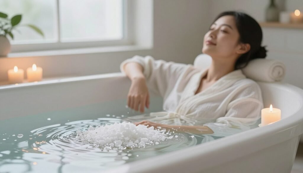 A serene bathroom scene showcasing a calming magnesium bath immersion. In the foreground, focus on a white ceramic tub filled with warm, crystal-clear water infused with magnesium flakes, gently rippling. Soft candles flicker on the edge of the tub, casting a warm, inviting glow. In the middle ground, a person in modest casual clothing, such as a light cotton robe, leans back with a tranquil expression, soaking in the soothing atmosphere. The background features soft natural light filtering through a frosted window, adorned with green plants, enhancing the relaxing ambiance. The overall mood is peaceful, promoting wellness and natural beauty. Use a soft-focus lens effect to create a dreamy quality, emphasizing relaxation and rejuvenation. A serene bathroom scene showcasing a calming magnesium bath immersion. In the foreground, focus on a white ceramic tub filled with warm, crystal-clear water infused with magnesium flakes, gently rippling. Soft candles flicker on the edge of the tub, casting a warm, inviting glow. In the middle ground, a person in modest casual clothing, such as a light cotton robe, leans back with a tranquil expression, soaking in the soothing atmosphere. The background features soft natural light filtering through a frosted window, adorned with green plants, enhancing the relaxing ambiance. The overall mood is peaceful, promoting wellness and natural beauty. Use a soft-focus lens effect to create a dreamy quality, emphasizing relaxation and rejuvenation.
