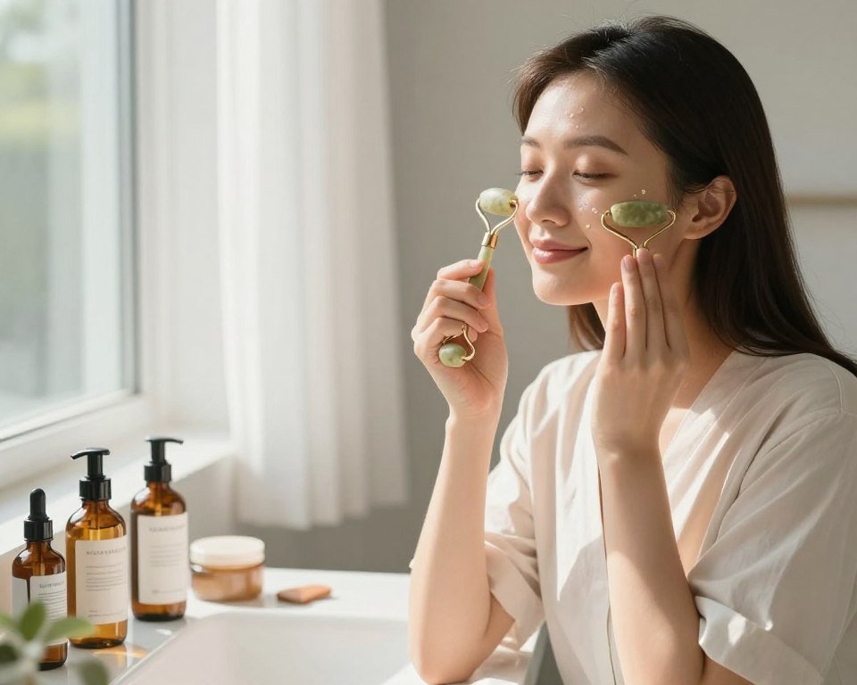 A serene bathroom setting bathed in soft morning light, featuring a polite young woman in professional casual attire, with a gentle smile. She is applying a soothing, hydrating gel to her puffy face using a jade roller, surrounded by beauty products such as hydrating serums and soothing face masks artfully arranged on the counter. In the background, there is a window with sheer curtains allowing gentle sunlight to stream in, highlighting the peaceful ambiance. The focus is on her calm expression and the textures of the products, captured with a close-up angle to enhance emotional connection. The atmosphere is tranquil, conveying the ideal morning routine for relieving facial puffiness. The image should evoke feelings of relaxation and rejuvenation without any distractions.
