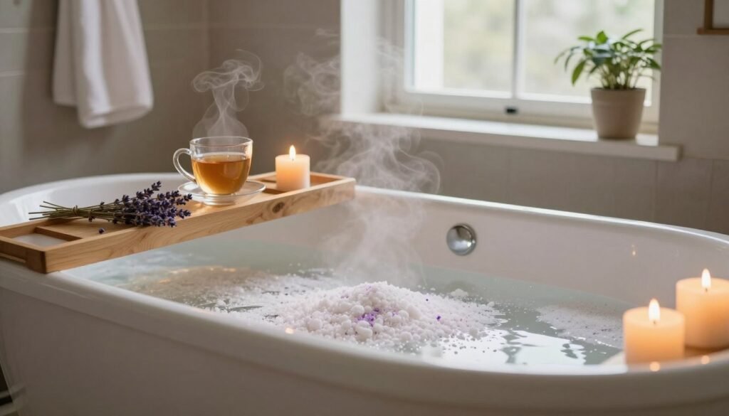 A serene bathroom setting featuring a relaxing magnesium bath ritual. In the foreground, a beautifully arranged bathtub filled with warm, soothing water, generously sprinkled with magnesium flakes. Delicate candles flicker softly, casting warm light over the scene. On the edge of the tub, a small wooden tray holds a glass of herbal tea and a few lavender sprigs. In the background, a window allows soft, diffused natural light to flow in, illuminating gentle steam rising from the bath, enhancing the tranquil atmosphere. Plush towels are neatly hung beside the tub, and potted plants add a touch of nature. The overall mood is calm and rejuvenating, enticing viewers to envision themselves in this peaceful oasis, promoting relaxation and self-care. A serene bathroom setting featuring a relaxing magnesium bath ritual. In the foreground, a beautifully arranged bathtub filled with warm, soothing water, generously sprinkled with magnesium flakes. Delicate candles flicker softly, casting warm light over the scene. On the edge of the tub, a small wooden tray holds a glass of herbal tea and a few lavender sprigs. In the background, a window allows soft, diffused natural light to flow in, illuminating gentle steam rising from the bath, enhancing the tranquil atmosphere. Plush towels are neatly hung beside the tub, and potted plants add a touch of nature. The overall mood is calm and rejuvenating, enticing viewers to envision themselves in this peaceful oasis, promoting relaxation and self-care.