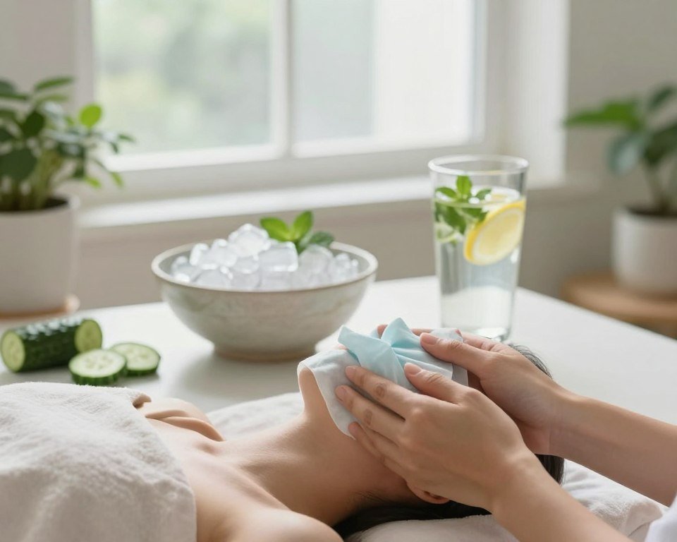A serene bathroom setting illuminated by soft, natural light filtering through a frosted window. In the foreground, a close-up of a person gently applying a cold compress to their face, dressed in a relaxed, modest outfit. The compress is surrounded by soothing ingredients like cucumber slices and a glass of water, symbolizing hydration. In the middle ground, a stylish bowl filled with ice, alongside an elegant glass of refreshing infused water with lemon and mint, highlights the theme of cold therapy and hydration. The background features calming green plants and a hint of modern décor, creating a peaceful and rejuvenating atmosphere. The overall mood is tranquil and refreshing, emphasizing quick relief from facial swelling.