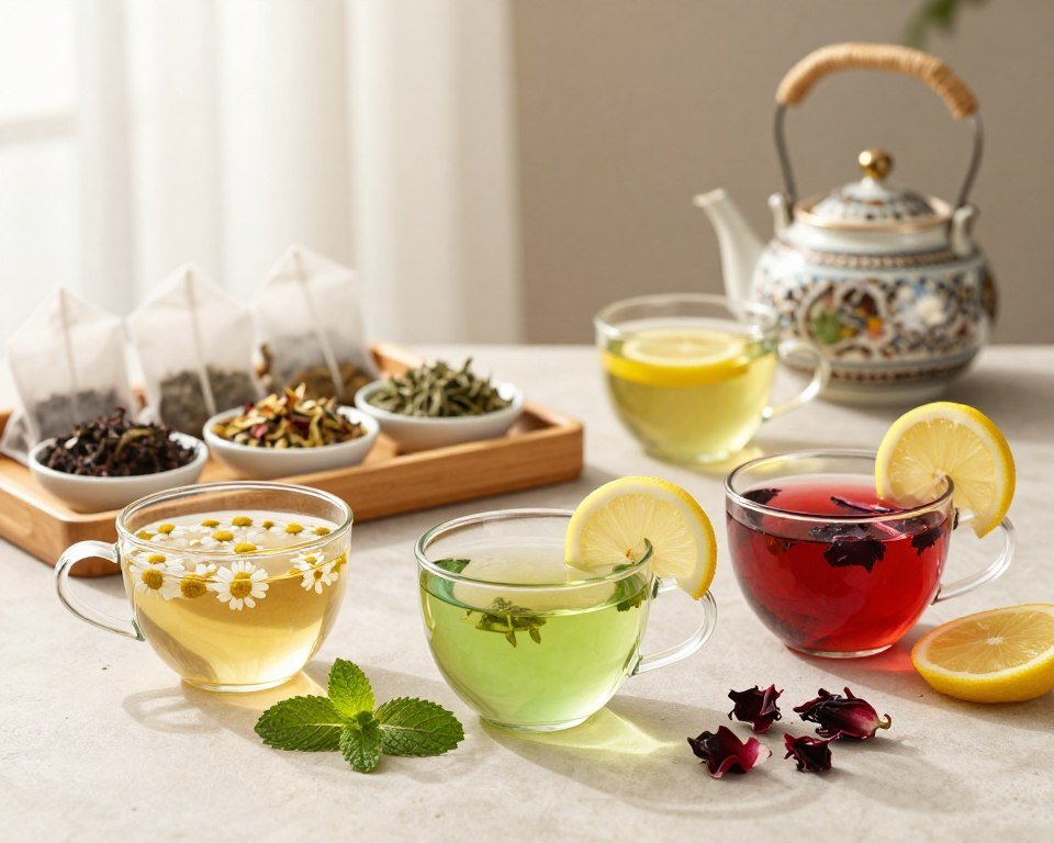 A serene, beautifully arranged tabletop scene featuring an assortment of herbal teas known for skin health. In the foreground, display delicate glass teacups filled with vibrant herbal infusions of chamomile, green tea, and hibiscus, garnished with fresh mint leaves and lemon slices. The middle ground should include an elegant wooden tray adorned with loose herbal tea blends in small bowls, elegantly packaged tea bags, and a teapot with intricate designs. In the background, soft sunlight filters through a sheer curtain, creating a warm, inviting atmosphere. Use a shallow depth of field to emphasize the teas while softly blurring the background. The overall mood is calming and refreshing, perfect for promoting skin health and reducing facial puffiness.