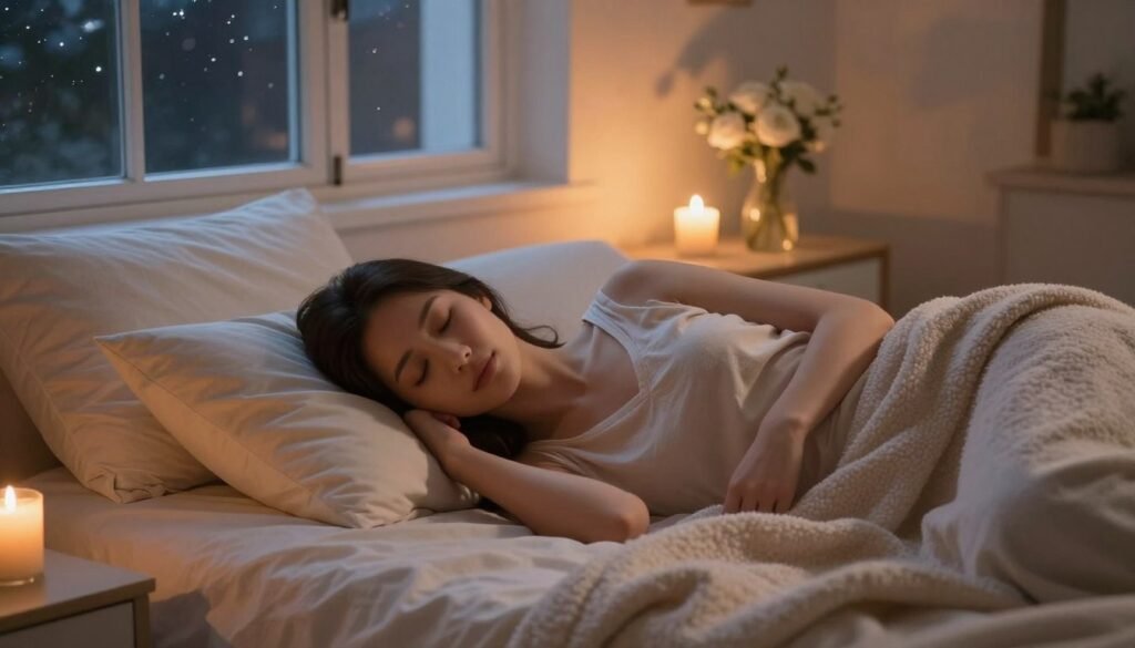 A serene bedroom setting at twilight, with gentle, warm lighting creating a calming atmosphere. In the foreground, a woman in modest, comfortable sleepwear lies peacefully on a plush bed, her skin glowing softly in the warm light. Dreamy pastel-colored pillows and a cozy blanket surround her, conveying a sense of tranquility. In the middle ground, a bedside table features a lit candle and a small vase of fresh flowers, adding to the ambient charm. In the background, a window showcases a subtle view of a starry night sky, reflecting the beauty of restful slumber. The overall mood is one of serenity and rejuvenation, emphasizing the restorative power of sleep as a vital element of beauty. A serene bedroom setting at twilight, with gentle, warm lighting creating a calming atmosphere. In the foreground, a woman in modest, comfortable sleepwear lies peacefully on a plush bed, her skin glowing softly in the warm light. Dreamy pastel-colored pillows and a cozy blanket surround her, conveying a sense of tranquility. In the middle ground, a bedside table features a lit candle and a small vase of fresh flowers, adding to the ambient charm. In the background, a window showcases a subtle view of a starry night sky, reflecting the beauty of restful slumber. The overall mood is one of serenity and rejuvenation, emphasizing the restorative power of sleep as a vital element of beauty.
