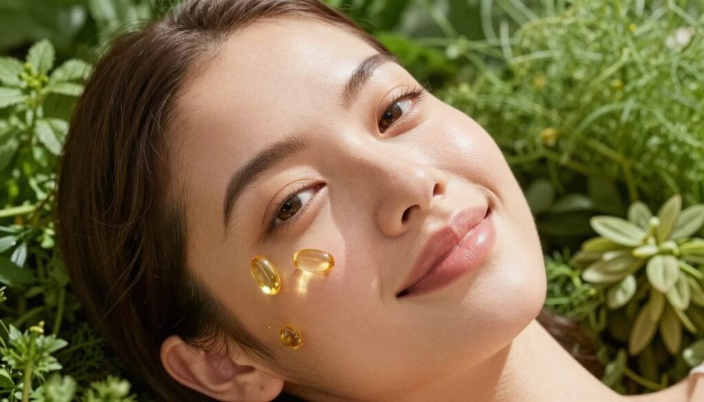 A serene, close-up view of a woman’s face with glowing, radiant skin, showcasing the benefits of omega-3s for skin health. Her appearance is vibrant and youthful, with a soft, natural makeup look and a gentle smile that conveys confidence. In the foreground, small floating capsules of omega-3 oil are artistically arranged around her face, glistening softly. The middle ground features a lush green background of fresh herbs and plants linked to skin rejuvenation. Bright, natural lighting enhances the skin’s glow, creating a warm and inviting atmosphere. The scene captures the essence of natural beauty and health, emphasizing the connection between omega-3s and skin aging. The angle is slightly tilted to draw attention to the woman's radiance against the verdant backdrop.
