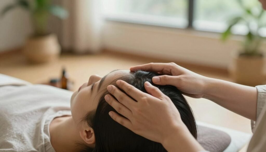 A serene home setting showcasing a person performing scalp acupressure techniques. The foreground features a hands-on demonstration with clear focus on the person's hands gently pressing on specific acupressure points on the scalp. The individual is wearing comfortable, modest casual clothing, radiating tranquility and relaxation. In the middle, include calming elements like a soft mat, essential oils, and natural light filtering through a window, creating a warm and inviting atmosphere. The background features soft, blurred plants and calming colors to enhance the mood. The composition should be well-lit to highlight the techniques, using a shallow depth of field to keep the focus on the acupressure process. The overall ambiance is calming, reflecting a sense of wellness and self-care.
