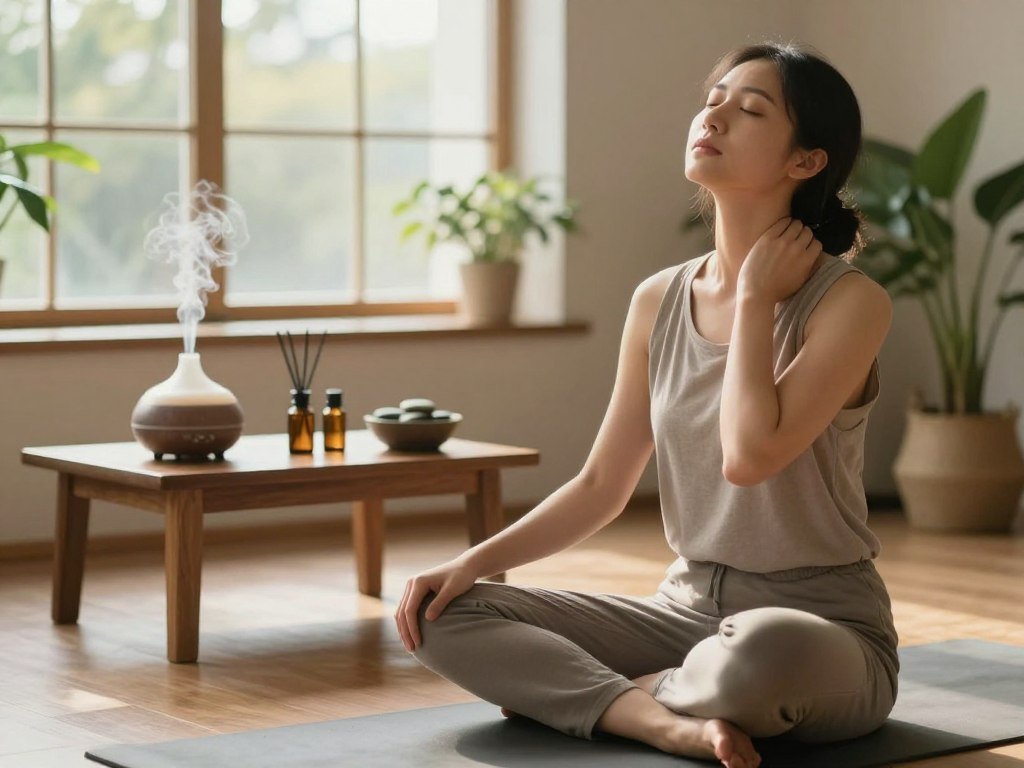 A serene indoor scene depicting various relaxation techniques to ease neck and shoulder tension. In the foreground, a person dressed in comfortable, modest casual clothing is seen practicing yoga, sitting cross-legged on a yoga mat, with eyes closed and a peaceful expression. The middle ground features a small table with essential oils, a diffuser emitting gentle vapor, and a bowl of smooth stones for mindfulness. Soft, natural light filters in through a large window, casting a warm glow over the scene. The background showcases peaceful indoor plants, enhancing the tranquil ambiance. The overall mood is one of calmness and relief, embodying a space for practicing self-care and maintaining tension-free living. A serene indoor scene depicting various relaxation techniques to ease neck and shoulder tension. In the foreground, a person dressed in comfortable, modest casual clothing is seen practicing yoga, sitting cross-legged on a yoga mat, with eyes closed and a peaceful expression. The middle ground features a small table with essential oils, a diffuser emitting gentle vapor, and a bowl of smooth stones for mindfulness. Soft, natural light filters in through a large window, casting a warm glow over the scene. The background showcases peaceful indoor plants, enhancing the tranquil ambiance. The overall mood is one of calmness and relief, embodying a space for practicing self-care and maintaining tension-free living.