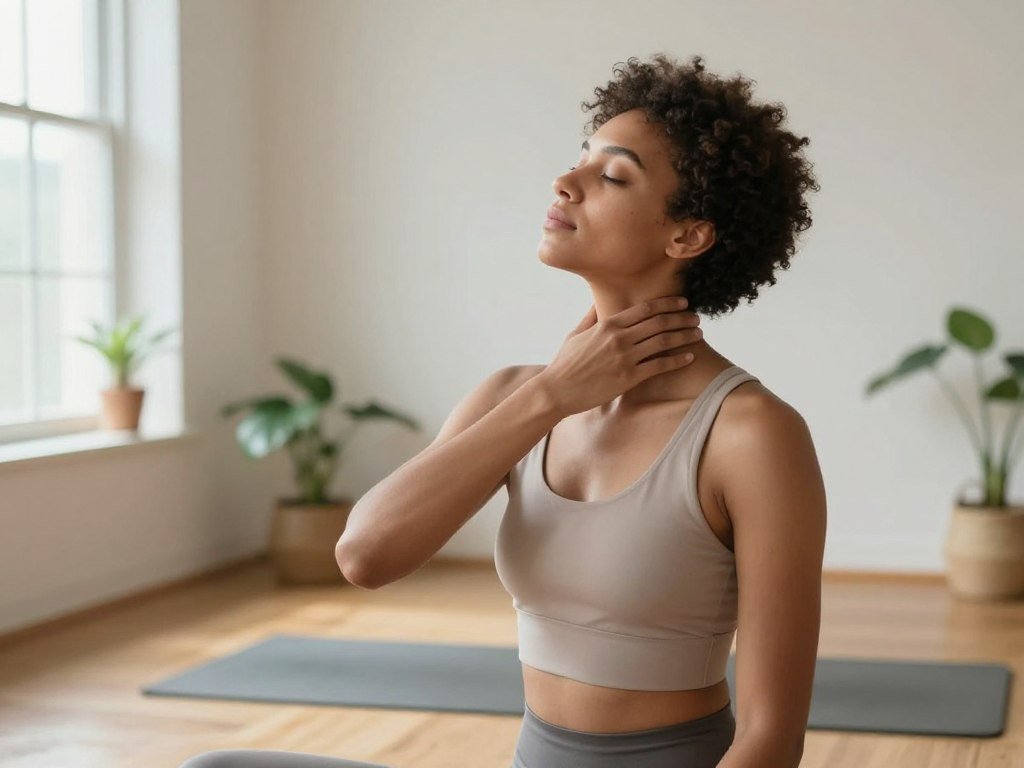 A serene indoor setting featuring a diverse individual gently performing the Gentle Neck Release Technique. In the foreground, the person, dressed in comfortable, modest athletic wear, stands with a calm expression, tilting their head to one side as they stretch their neck. Soft natural light streams through a nearby window, illuminating their relaxed posture and the gentle curve of their neck. In the middle, a yoga mat is placed on a wooden floor, with a couple of small plants enhancing the tranquility of the space. The background showcases a softly blurred interior with minimalist decor, promoting a peaceful atmosphere. The overall mood of the image is calm and focused, inviting viewers to embrace the relaxation process. A serene indoor setting featuring a diverse individual gently performing the Gentle Neck Release Technique. In the foreground, the person, dressed in comfortable, modest athletic wear, stands with a calm expression, tilting their head to one side as they stretch their neck. Soft natural light streams through a nearby window, illuminating their relaxed posture and the gentle curve of their neck. In the middle, a yoga mat is placed on a wooden floor, with a couple of small plants enhancing the tranquility of the space. The background showcases a softly blurred interior with minimalist decor, promoting a peaceful atmosphere. The overall mood of the image is calm and focused, inviting viewers to embrace the relaxation process.