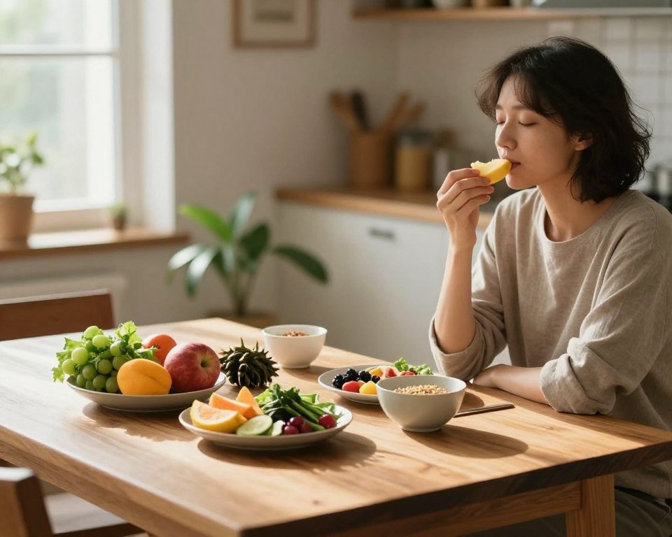 A serene indoor setting with a cozy wooden dining table, featuring a colorful, healthy meal spread out, including vibrant fruits, leafy greens, and whole grains. In the foreground, a person in modest casual clothing sits calmly, savoring a piece of fruit, eyes closed in reflection, embodying mindfulness. Soft, natural light pours in through a nearby window, creating gentle shadows that enhance the warm atmosphere. In the middle ground, a small plant adds a touch of greenery, while a serene backdrop displays a soft-focus of a peaceful kitchen. The scene conveys tranquility and mindfulness, with a focus on the act of enjoying food mindfully, capturing the essence of stress management through eating. The overall mood is calm and inviting, encouraging viewers to connect with their food.