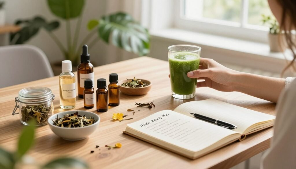 A serene, inviting workspace featuring a holistic beauty plan layout. In the foreground, a soft wooden table displays a neatly organized array of natural beauty products: essential oils, herbal teas, and a journal adorned with notes on wellness. In the middle, a hand gently holds a green smoothie, symbolizing nutrition. The background showcases a lush indoor plant and sunlight streaming through a window, creating a warm and peaceful atmosphere. The lighting is soft and natural, enhancing the colors of the products. The scene conveys a sense of calm and mindfulness, perfect for inspiring readers to embrace a holistic approach to beauty and wellness. The angle captures the workspace from a slightly elevated viewpoint to provide depth and focus on the beauty tools. A serene, inviting workspace featuring a holistic beauty plan layout. In the foreground, a soft wooden table displays a neatly organized array of natural beauty products: essential oils, herbal teas, and a journal adorned with notes on wellness. In the middle, a hand gently holds a green smoothie, symbolizing nutrition. The background showcases a lush indoor plant and sunlight streaming through a window, creating a warm and peaceful atmosphere. The lighting is soft and natural, enhancing the colors of the products. The scene conveys a sense of calm and mindfulness, perfect for inspiring readers to embrace a holistic approach to beauty and wellness. The angle captures the workspace from a slightly elevated viewpoint to provide depth and focus on the beauty tools.