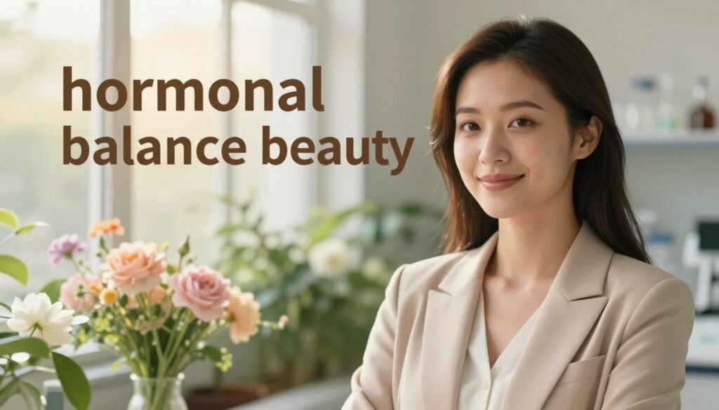 A serene, luminous scene capturing the essence of "hormonal balance and beauty." In the foreground, a confident woman in her late twenties dressed in a chic, modest business outfit, exuding a natural glow, stands poised with a gentle smile. Her skin radiates health, symbolizing the impact of hormonal balance. In the middle ground, a subtle blend of flora with soft pastel hues—a mix of delicate flowers and lush greenery—represents nature's harmony. The background features a softly lit laboratory space, hinting at scientific research, with warm, diffused light filtering through large windows, creating an inviting atmosphere. A close-up angle highlights the woman's serene expression, embodying tranquility and beauty. The overall mood is uplifting and inspirational, portraying beauty as a biological harmony. A serene, luminous scene capturing the essence of "hormonal balance and beauty." In the foreground, a confident woman in her late twenties dressed in a chic, modest business outfit, exuding a natural glow, stands poised with a gentle smile. Her skin radiates health, symbolizing the impact of hormonal balance. In the middle ground, a subtle blend of flora with soft pastel hues—a mix of delicate flowers and lush greenery—represents nature's harmony. The background features a softly lit laboratory space, hinting at scientific research, with warm, diffused light filtering through large windows, creating an inviting atmosphere. A close-up angle highlights the woman's serene expression, embodying tranquility and beauty. The overall mood is uplifting and inspirational, portraying beauty as a biological harmony.