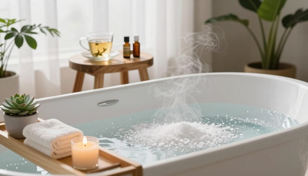A serene magnesium bath ritual setting showcasing a beautifully arranged bathtub filled with soothing, shimmering water enriched with magnesium flakes. In the foreground, a delicate tray holds natural bath accessories: a soft washcloth, a gently flickering candle, and a potted succulent. In the middle, an elegant wooden stool displays a small glass of herbal tea and a few calming essential oil bottles. The background features soft, natural light streaming in through sheer curtains, cascading around indoor plants for a tranquil atmosphere. The mood is warm and inviting, emphasizing relaxation and self-care, with a slight steam rising from the water to suggest warmth. The composition should be shot with a 50mm lens to create a soft depth of field, ensuring focus on the bath while subtly blurring the surroundings. A serene magnesium bath ritual setting showcasing a beautifully arranged bathtub filled with soothing, shimmering water enriched with magnesium flakes. In the foreground, a delicate tray holds natural bath accessories: a soft washcloth, a gently flickering candle, and a potted succulent. In the middle, an elegant wooden stool displays a small glass of herbal tea and a few calming essential oil bottles. The background features soft, natural light streaming in through sheer curtains, cascading around indoor plants for a tranquil atmosphere. The mood is warm and inviting, emphasizing relaxation and self-care, with a slight steam rising from the water to suggest warmth. The composition should be shot with a 50mm lens to create a soft depth of field, ensuring focus on the bath while subtly blurring the surroundings.