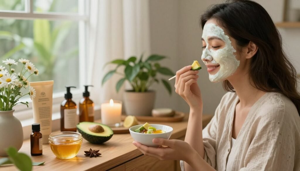 A serene natural skincare routine scene featuring a woman in a modest, casual outfit, gently smiling as she applies a natural face mask. In the foreground, she holds a small bowl of organic ingredients like honey, avocado, and essential oils. The middle ground showcases a wooden vanity adorned with skincare products in eco-friendly packaging, fresh flowers, and candles, all enhancing the natural aesthetic. In the background, soft, warm lighting filters through a window draped with sheer curtains, creating a calming atmosphere filled with indoor plants. The scene should evoke feelings of tranquility, wellness, and self-care, capturing the harmony of a skincare routine combined with the uplifting power of a smile.