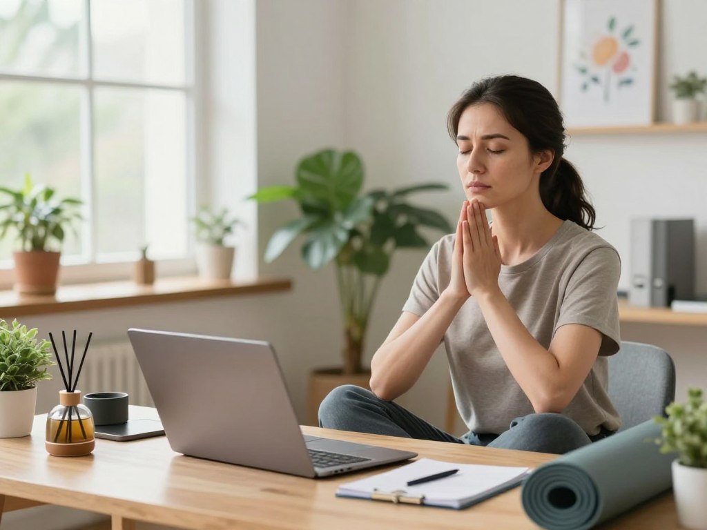 A serene office setting illustrating cortisol management, focusing on a professional woman in modest casual clothing, seated at a desk with an open laptop and various stress-relief tools around her, like a yoga mat, essential oil diffuser, and calming plants. The foreground features her thoughtful expression as she pauses to meditate, reflecting her journey toward stress relief and mental clarity. In the middle ground, soft, natural light streams in from a window, illuminating a peaceful workspace filled with greenery. The background has a pleasant, organized ambiance with subtle motivational artwork on the walls. The overall mood conveys tranquility and determination, emphasizing the importance of seeking professional help for chronic stress issues. The image should be bright and inviting, with a warm color palette that enhances feelings of calm and reassurance. A serene office setting illustrating cortisol management, focusing on a professional woman in modest casual clothing, seated at a desk with an open laptop and various stress-relief tools around her, like a yoga mat, essential oil diffuser, and calming plants. The foreground features her thoughtful expression as she pauses to meditate, reflecting her journey toward stress relief and mental clarity. In the middle ground, soft, natural light streams in from a window, illuminating a peaceful workspace filled with greenery. The background has a pleasant, organized ambiance with subtle motivational artwork on the walls. The overall mood conveys tranquility and determination, emphasizing the importance of seeking professional help for chronic stress issues. The image should be bright and inviting, with a warm color palette that enhances feelings of calm and reassurance.