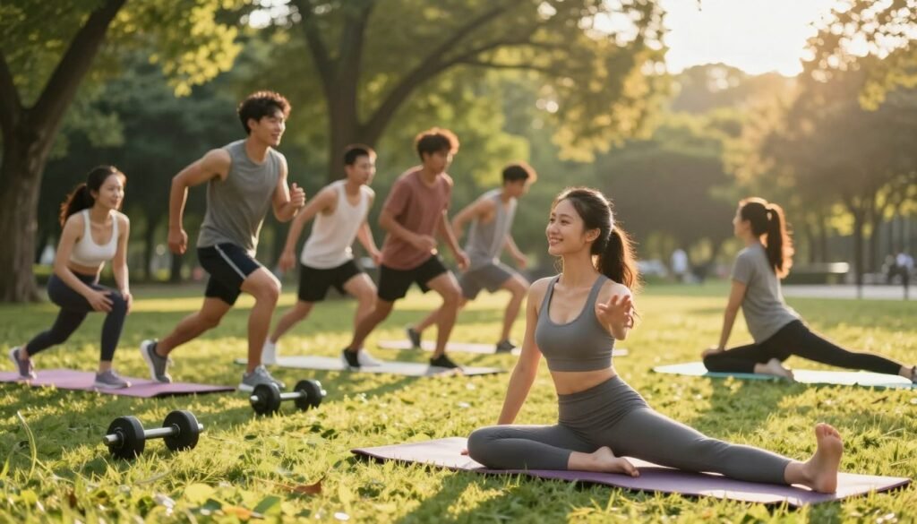 A serene park setting during golden hour, where a diverse group of individuals engage in various exercises, such as yoga, jogging, and weightlifting. In the foreground, a young woman in modest athletic wear smiles as she stretches on a yoga mat, embodying strength and grace. In the middle, a group of friends participates in a friendly relay race, highlighting camaraderie and vitality. The background features lush greenery, soft sunlight filtering through trees, casting gentle shadows on the ground. The atmosphere is uplifting and energetic, capturing the essence of inner beauty derived from physical activity. Use a warm color palette to enhance the feeling of health and positivity, and employ a shallow depth of field to focus on the exercising individuals. A serene park setting during golden hour, where a diverse group of individuals engage in various exercises, such as yoga, jogging, and weightlifting. In the foreground, a young woman in modest athletic wear smiles as she stretches on a yoga mat, embodying strength and grace. In the middle, a group of friends participates in a friendly relay race, highlighting camaraderie and vitality. The background features lush greenery, soft sunlight filtering through trees, casting gentle shadows on the ground. The atmosphere is uplifting and energetic, capturing the essence of inner beauty derived from physical activity. Use a warm color palette to enhance the feeling of health and positivity, and employ a shallow depth of field to focus on the exercising individuals.