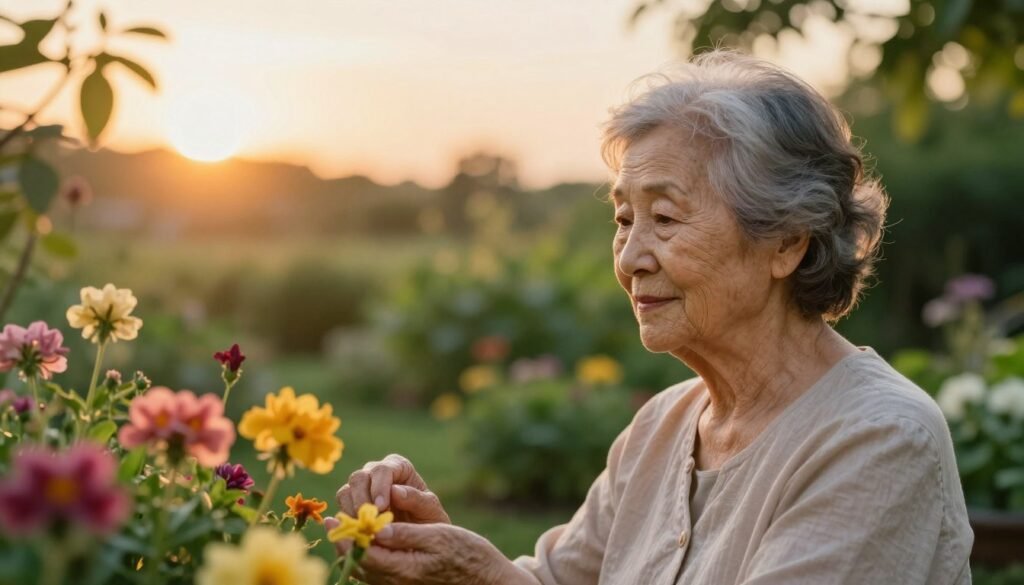 A serene scene depicting the biology of aging, focusing on the natural beauty of an elderly woman in her late 60s. In the foreground, she is engaged in a peaceful garden setting surrounded by vibrant flowers, her skin radiant with a gentle glow, embodying grace and wisdom. The middle ground features a soft-focus view of lush greenery, suggesting vitality and growth, with sunlight filtering through leaves, creating a warm, inviting atmosphere. The background consists of a blurred horizon that hints at a distant sunset, symbolizing the beauty of aging. The overall lighting is soft and golden, casting a flattering effect, with a slight depth-of-field to emphasize the subject. The mood is tranquil and inspirational, celebrating the elegance found in aging gracefully. A serene scene depicting the biology of aging, focusing on the natural beauty of an elderly woman in her late 60s. In the foreground, she is engaged in a peaceful garden setting surrounded by vibrant flowers, her skin radiant with a gentle glow, embodying grace and wisdom. The middle ground features a soft-focus view of lush greenery, suggesting vitality and growth, with sunlight filtering through leaves, creating a warm, inviting atmosphere. The background consists of a blurred horizon that hints at a distant sunset, symbolizing the beauty of aging. The overall lighting is soft and golden, casting a flattering effect, with a slight depth-of-field to emphasize the subject. The mood is tranquil and inspirational, celebrating the elegance found in aging gracefully.