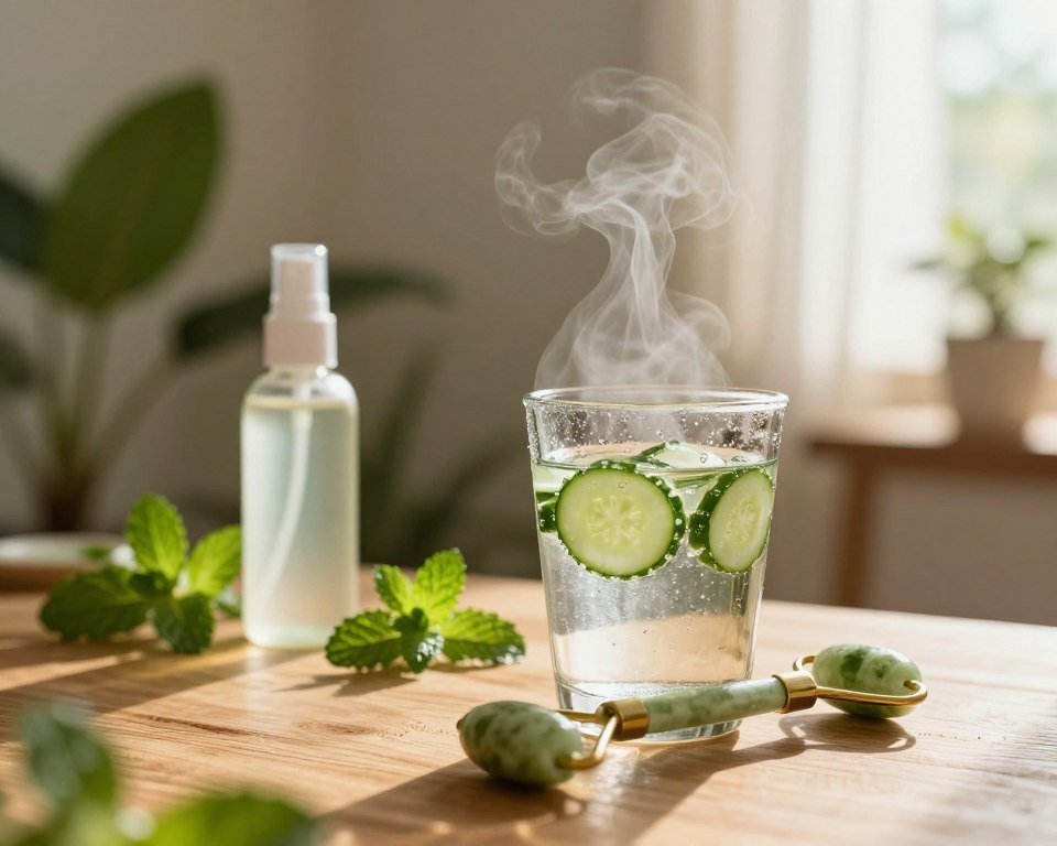 A serene spa-like setting featuring a gracefully arranged scene emphasizing hydration for skin health. In the foreground, a glass of refreshing water infused with cucumber and mint sits on a wooden table, glistening with condensation. A soft-focus facial roller made of jade rests beside it. In the middle ground, a gentle mist rises from a facial spray bottle, surrounded by stunning green plants symbolizing freshness and vitality. The background showcases a sunlit room with warm, natural light filtering through sheer curtains, casting a soft glow. The atmosphere evokes calmness and rejuvenation, inviting a peaceful and health-focused mood. The composition should have a warm color palette, conveying wellness and tranquility.