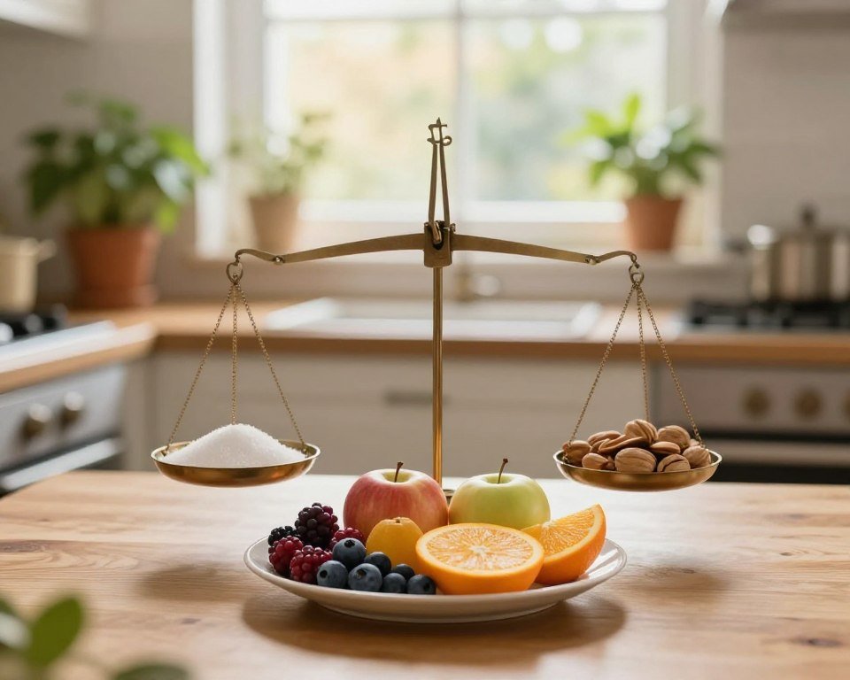 A serene still life composition that evokes balance and harmony in managing sugar cravings. In the foreground, feature a wooden table with a beautifully arranged plate of colorful, fresh fruits like berries, apples, and oranges, symbolizing healthy alternatives to sugar. Surrounding the plate, include a small balanced scale, with one side holding a bowl of sugar and the other side holding a handful of nuts, representing moderation. In the middle ground, softly blurred, place a cozy kitchen setting with warm natural light streaming in through a window. The background should feature calming plants, such as a potted herb, contributing to a tranquil atmosphere. The overall mood is uplifting and inviting, conveying a sense of peace and control over sugar cravings.