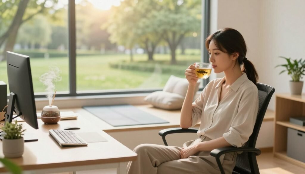 A serene, sunlit office space with a large window revealing a lush green park outside. In the foreground, a young woman dressed in smart casual attire is taking a break, sipping herbal tea while seated comfortably in an ergonomic chair. On her desk, neatly arranged, are a small potted plant, a journal, and a calming diffuser emitting a gentle mist. In the middle ground, a yoga mat shows signs of a recent practice, positioned beside a peaceful corner where soft cushions invite relaxation. The background captures soft, warm daylight streaming through the window, creating an inviting and rejuvenating atmosphere. The overall mood is tranquil and refreshing, encapsulating a natural recharge routine. The scene is shot with a warm filter, emphasizing the soothing colors and inviting light. A serene, sunlit office space with a large window revealing a lush green park outside. In the foreground, a young woman dressed in smart casual attire is taking a break, sipping herbal tea while seated comfortably in an ergonomic chair. On her desk, neatly arranged, are a small potted plant, a journal, and a calming diffuser emitting a gentle mist. In the middle ground, a yoga mat shows signs of a recent practice, positioned beside a peaceful corner where soft cushions invite relaxation. The background captures soft, warm daylight streaming through the window, creating an inviting and rejuvenating atmosphere. The overall mood is tranquil and refreshing, encapsulating a natural recharge routine. The scene is shot with a warm filter, emphasizing the soothing colors and inviting light.