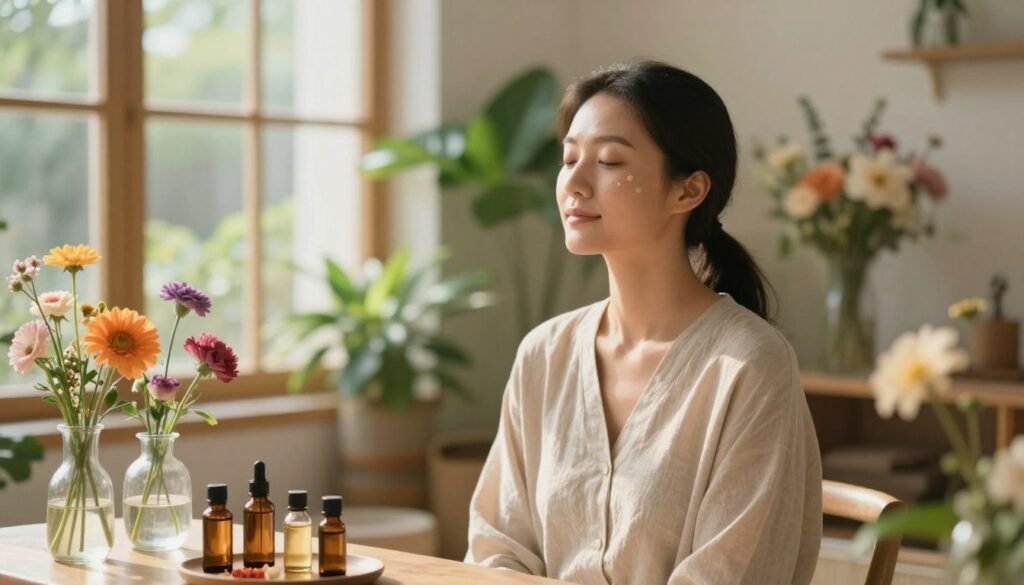 A serene wellness setting showcasing the transformative benefits of flower essence therapy. In the foreground, a gentle, serene woman in modest attire with a calm expression, surrounded by a variety of colorful flowers in elegant vases, symbolizing peace and beauty. In the middle, soft natural light cascades through large windows, illuminating her and creating a warm, inviting atmosphere. The background features lush plants and subtle floral arrangements, enhancing the tranquility of the scene. Use a shallow depth of field to keep the focus on the woman while creating a dreamy, peaceful ambiance. The overall mood should be one of serenity, rejuvenation, and empowerment, reflecting the positive impact of flower essence therapy on skin health and mental calmness.
