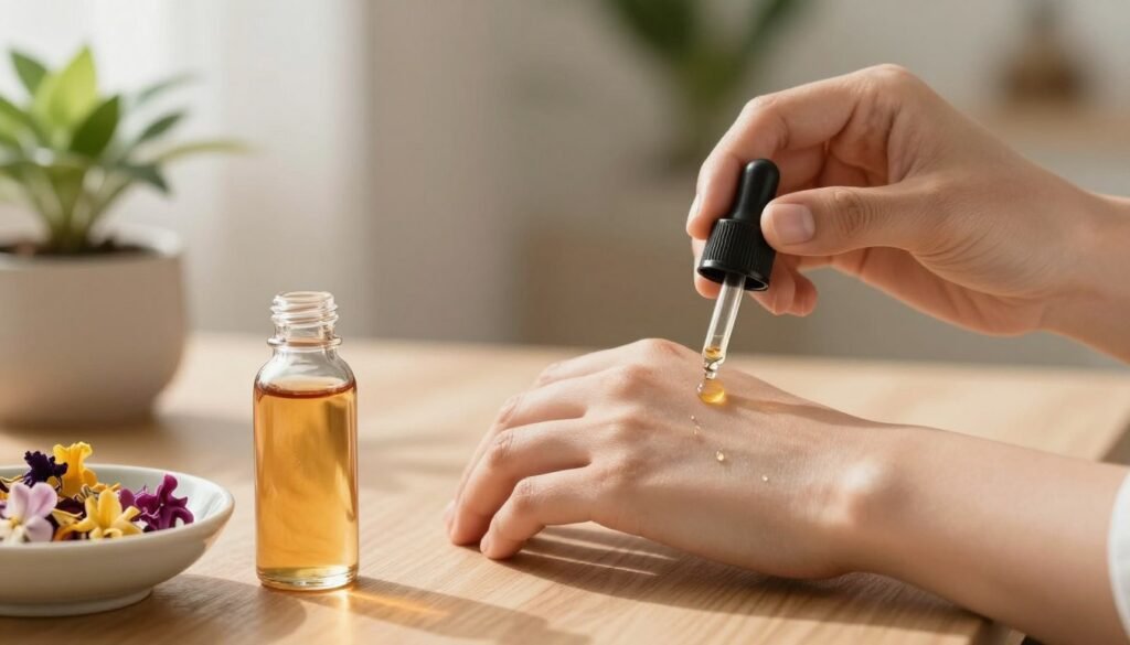 A serene wellness setting showcasing various flower essence application methods. In the foreground, a glass dropper bottle filled with vibrant flower essences glistens under soft, natural light. Beside it, a ceramic dish holds aromatic floral petals. In the middle ground, a pair of hands gently applies a few drops of essence to the wrist, demonstrating the application method. The background features a calming, softly blurred indoor plant arrangement, enhancing the peaceful atmosphere. Use warm, inviting lighting to create a tranquil mood, reminiscent of a soothing spa environment. The camera angle should focus on the hands and essence bottle, promoting a sense of intimacy and care in the healing process.